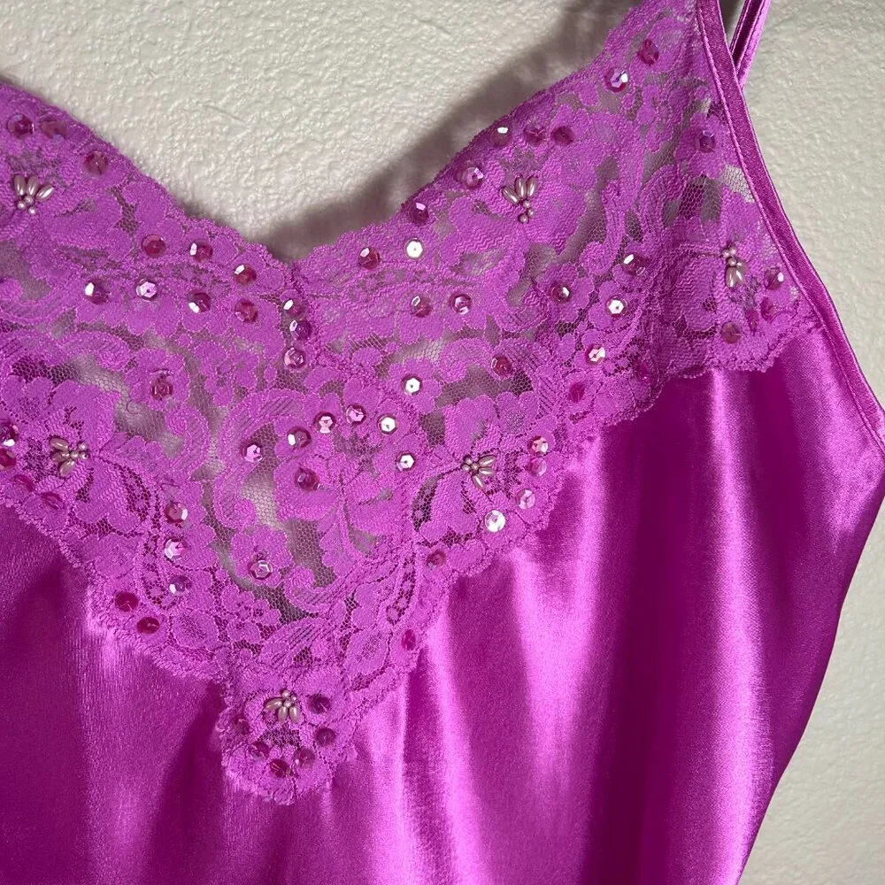 Y2K Delicates Womens Magenta Satin Lace Sequin Beaded Chemise Nightgown Size M